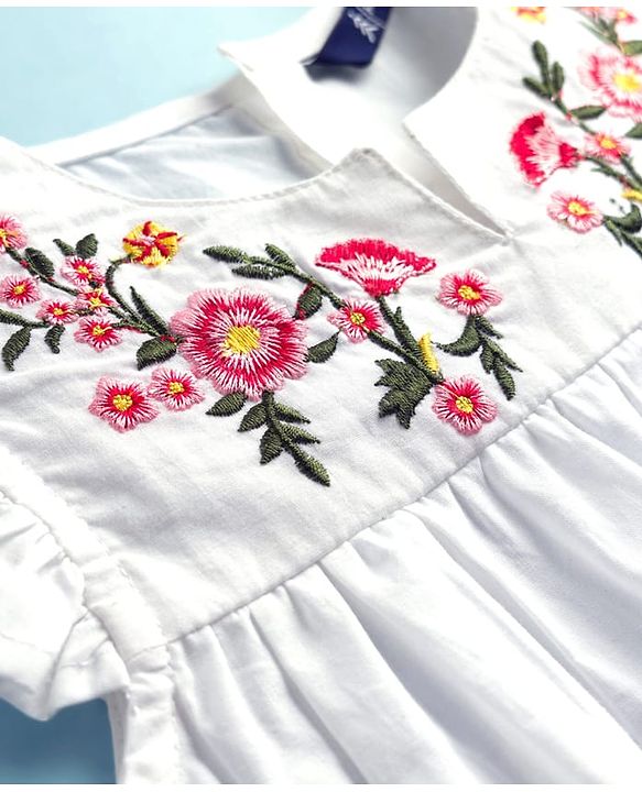 Pine Kids 100% Cotton Woven Frill Sleeves Floral Embroidered Top - White