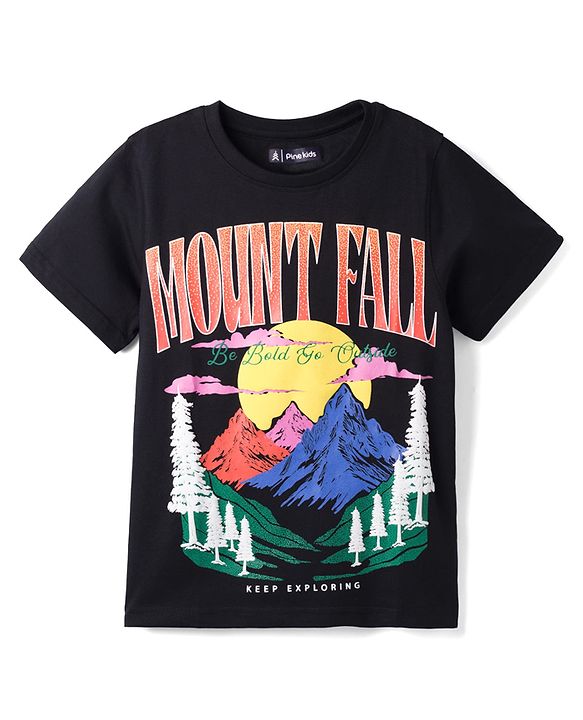 Pine Kids Cotton Knit T-Shirt Half Sleeves Mount Fall Graphic Print Jet Black 4-5 Years