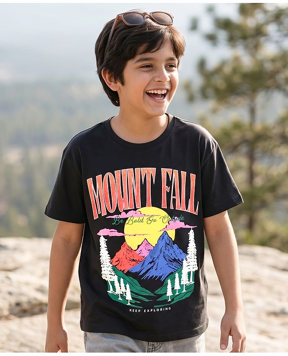 Pine Kids Cotton Knit T-Shirt Half Sleeves Mount Fall Graphic Print Jet Black 4-5 Years