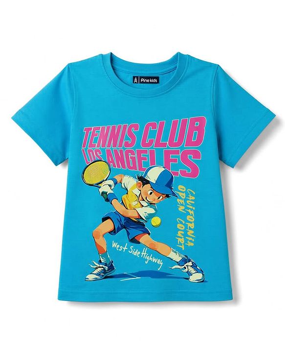 Pine Kids 100% Cotton Knit Text & Sports Theme Printed T-Shirt - Blue