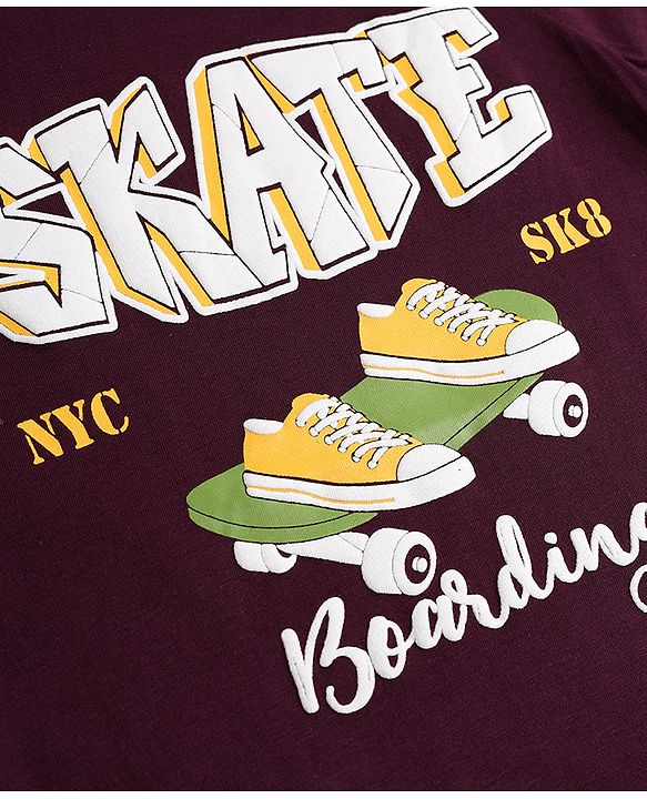 Pine Kids Cotton Knit Half Sleeves Skate Theme Printed T-Shirt -Wine