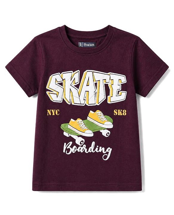 Pine Kids Cotton Knit Half Sleeves Skate Theme Printed T-Shirt -Wine