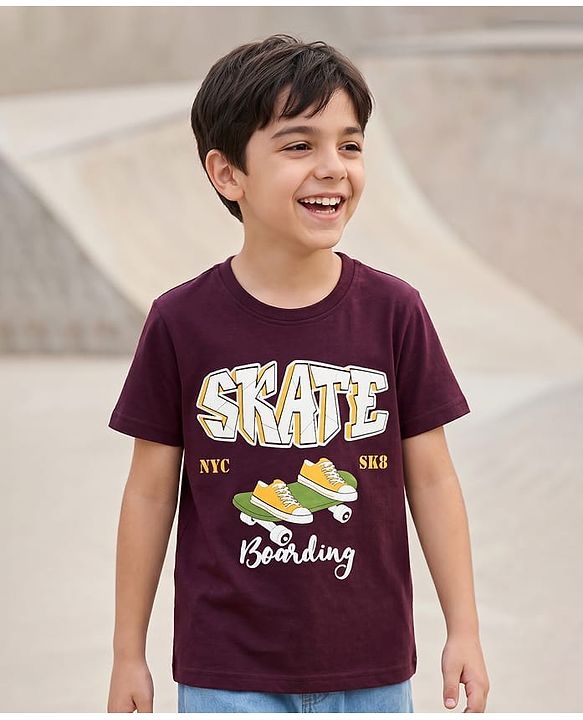 Pine Kids Cotton Knit Half Sleeves Skate Theme Printed T-Shirt -Wine