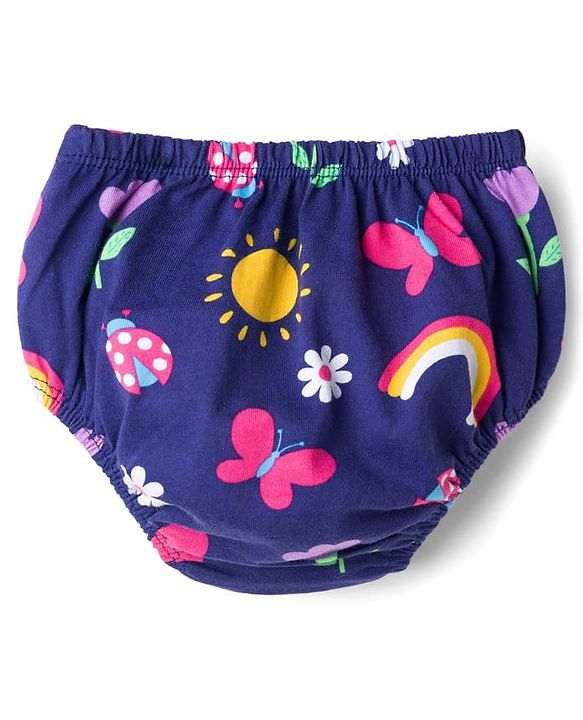 Babyhug 100% Cotton Knit Half Sleeves Floral Butterfly & Rainbow Printed Frock With Bloomer - Navy Blue