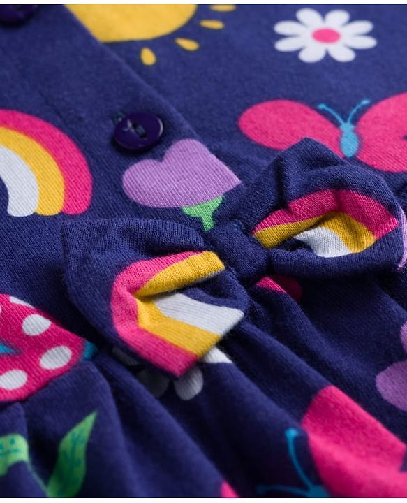 Babyhug 100% Cotton Knit Half Sleeves Floral Butterfly & Rainbow Printed Frock With Bloomer - Navy Blue