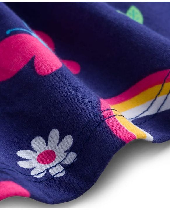 Babyhug 100% Cotton Knit Half Sleeves Floral Butterfly & Rainbow Printed Frock With Bloomer - Navy Blue