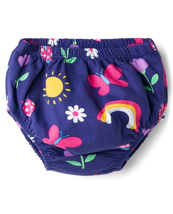 Babyhug 100% Cotton Knit Half Sleeves Floral Butterfly & Rainbow Printed Frock With Bloomer - Navy Blue