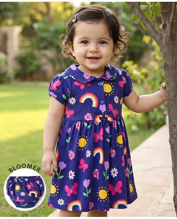 Babyhug 100% Cotton Knit Half Sleeves Floral Butterfly & Rainbow Printed Frock With Bloomer - Navy Blue