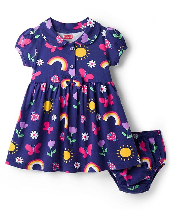 Babyhug 100% Cotton Knit Half Sleeves Floral Butterfly & Rainbow Printed Frock With Bloomer - Navy Blue