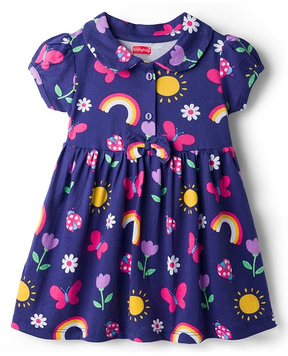 Babyhug 100% Cotton Knit Half Sleeves Floral Butterfly & Rainbow Printed Frock With Bloomer - Navy Blue