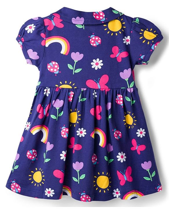 Babyhug 100% Cotton Knit Half Sleeves Floral Butterfly & Rainbow Printed Frock With Bloomer - Navy Blue