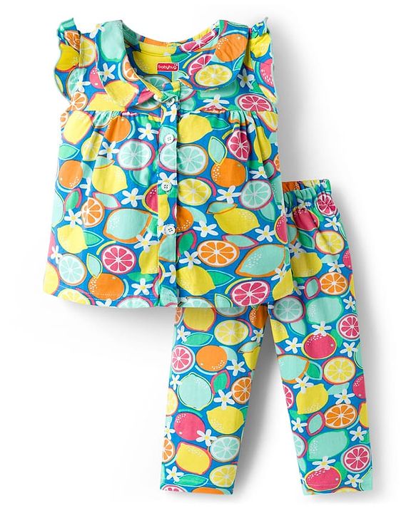 Babyhug Cotton Knit Frill Sleeves Co-ords Top & Pajama Night Suit with Tropical Theme Print - Multicolor