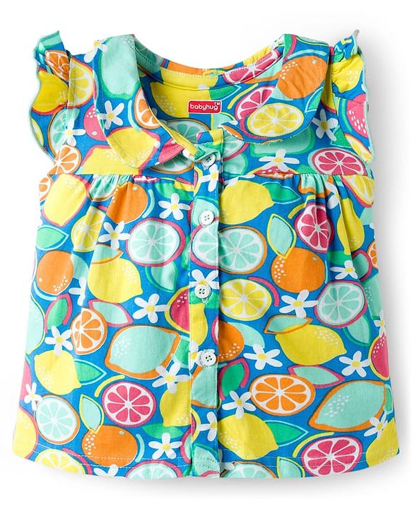 Babyhug Cotton Knit Frill Sleeves Co-ords Top & Pajama Night Suit with Tropical Theme Print - Multicolor