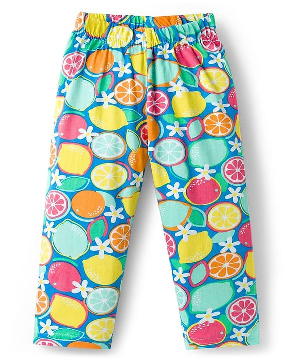 Babyhug Cotton Knit Frill Sleeves Co-ords Top & Pajama Night Suit with Tropical Theme Print - Multicolor