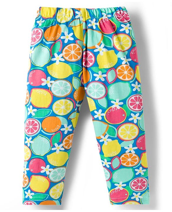 Babyhug Cotton Knit Frill Sleeves Co-ords Top & Pajama Night Suit with Tropical Theme Print - Multicolor