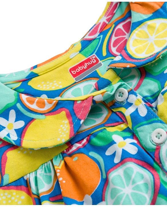 Babyhug Cotton Knit Frill Sleeves Co-ords Top & Pajama Night Suit with Tropical Theme Print - Multicolor