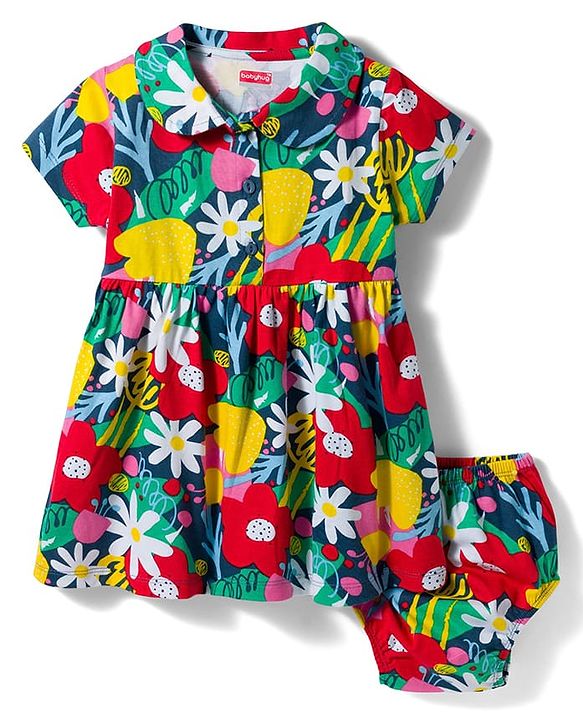 Babyhug Interlock Knit Half Sleeves Floral Printed Peter Pan Collared Frock with Bloomer - Navy Blue
