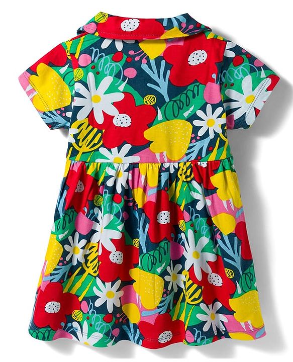 Babyhug Interlock Knit Half Sleeves Floral Printed Peter Pan Collared Frock with Bloomer - Navy Blue