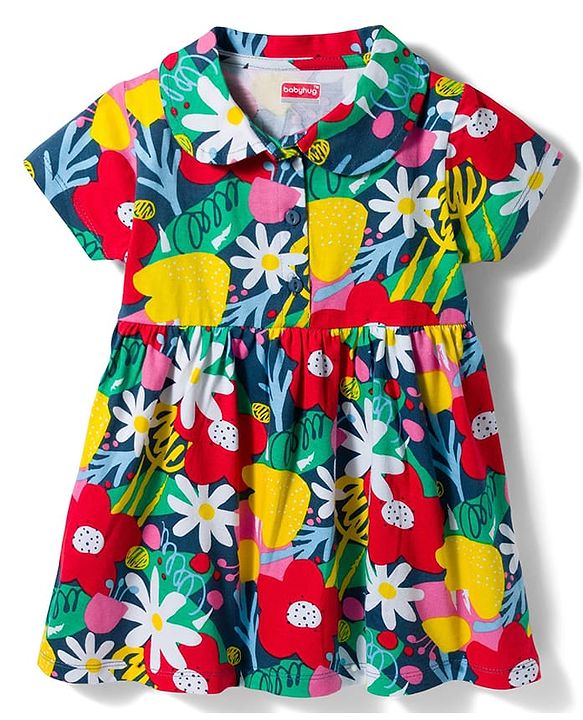 Babyhug Interlock Knit Half Sleeves Floral Printed Peter Pan Collared Frock with Bloomer - Navy Blue
