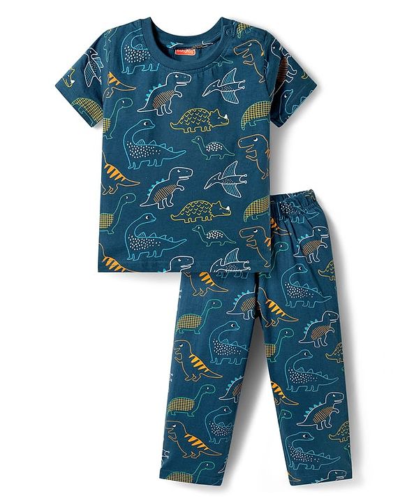 Babyhug Cotton Knit Half Sleeves Dino Printed T-Shirt & Pyjama Co-Ord Night Suit - Navy Blue