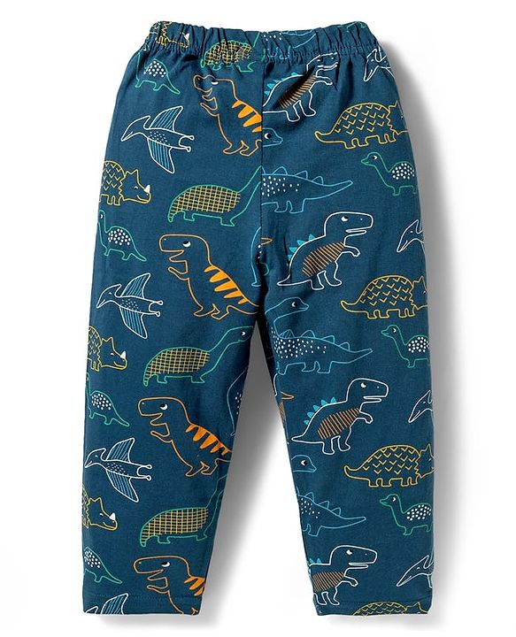 Babyhug Cotton Knit Half Sleeves Dino Printed T-Shirt & Pyjama Co-Ord Night Suit - Navy Blue