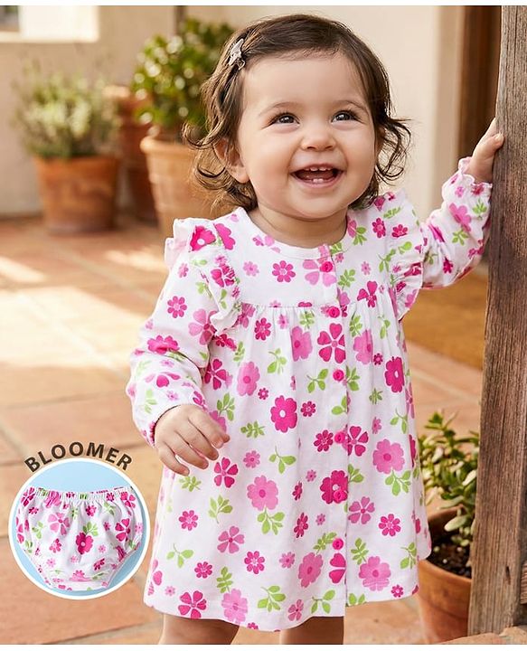 Babyhug 100% Cotton Knit Full Sleeves Floral Printed Frock With Bloomer - White