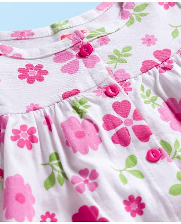 Babyhug 100% Cotton Knit Full Sleeves Floral Printed Frock With Bloomer - White