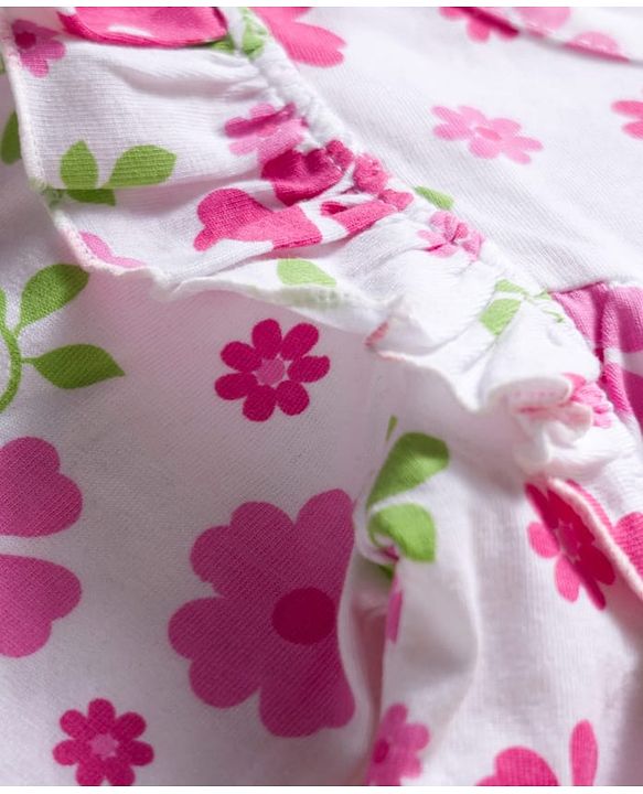 Babyhug 100% Cotton Knit Full Sleeves Floral Printed Frock With Bloomer - White