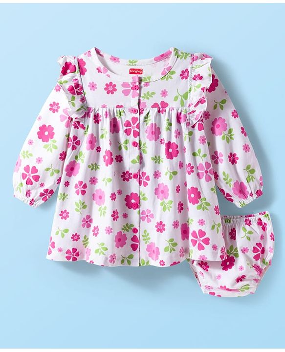 Babyhug 100% Cotton Knit Full Sleeves Floral Printed Frock With Bloomer - White