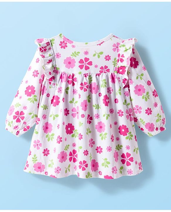 Babyhug 100% Cotton Knit Full Sleeves Floral Printed Frock With Bloomer - White