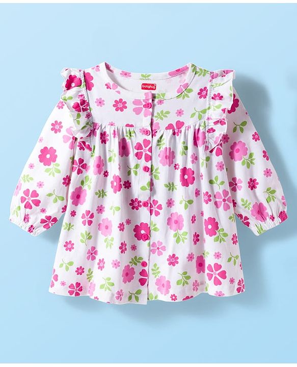Babyhug 100% Cotton Knit Full Sleeves Floral Printed Frock With Bloomer - White