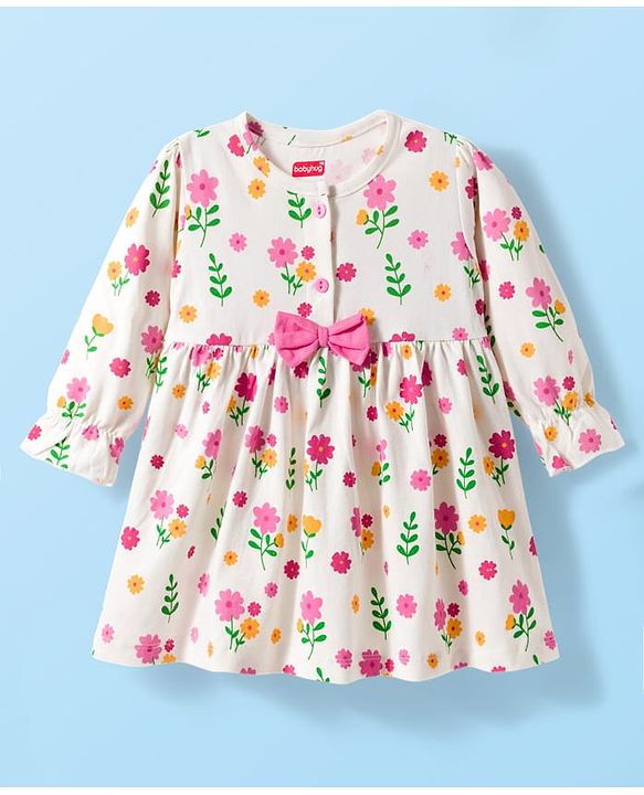 Babyhug 100% Cotton Knit Full Sleeves Floral Printed Frock With Bloomer - Pink