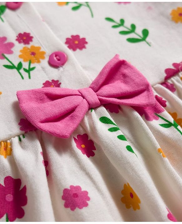 Babyhug 100% Cotton Knit Full Sleeves Floral Printed Frock With Bloomer - Pink