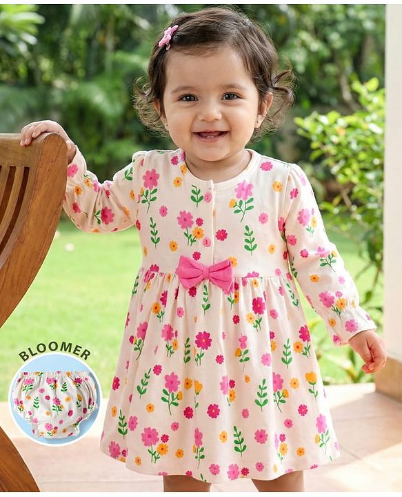 Babyhug 100% Cotton Knit Full Sleeves Floral Printed Frock With Bloomer - Pink
