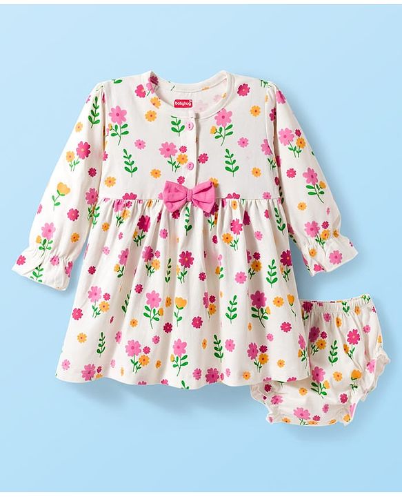 Babyhug 100% Cotton Knit Full Sleeves Floral Printed Frock With Bloomer - Pink