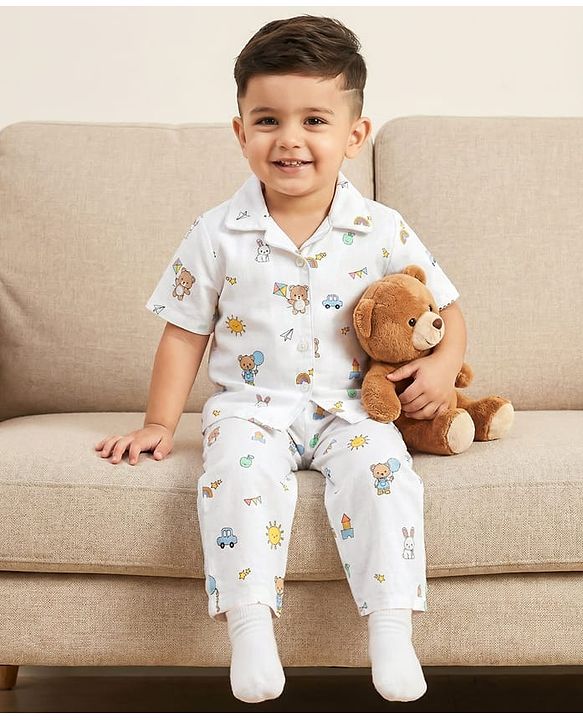 Babyhug Cotton Woven Half Sleeves Front Open Co-ords Shirt & Pajama Night Suit with Tropical Theme Print - White