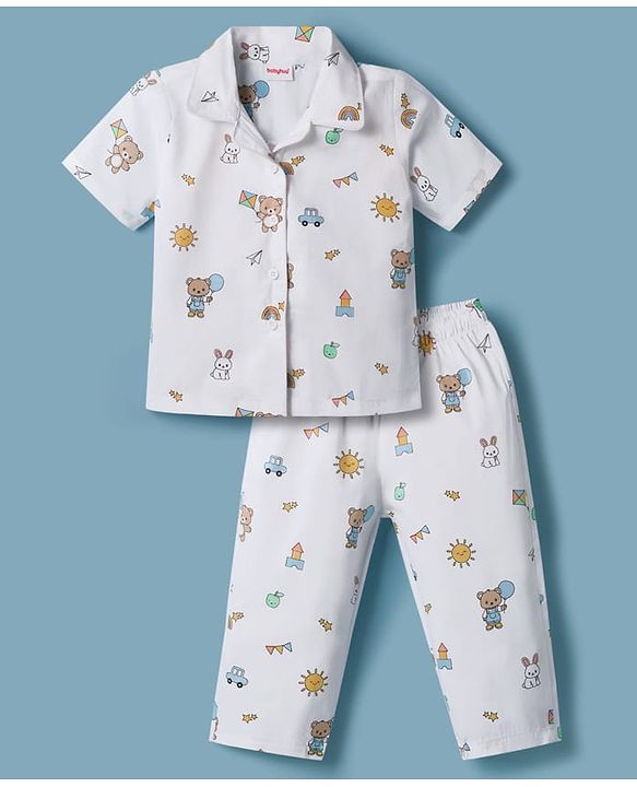 Babyhug Cotton Woven Half Sleeves Front Open Co-ords Shirt & Pajama Night Suit with Tropical Theme Print - White