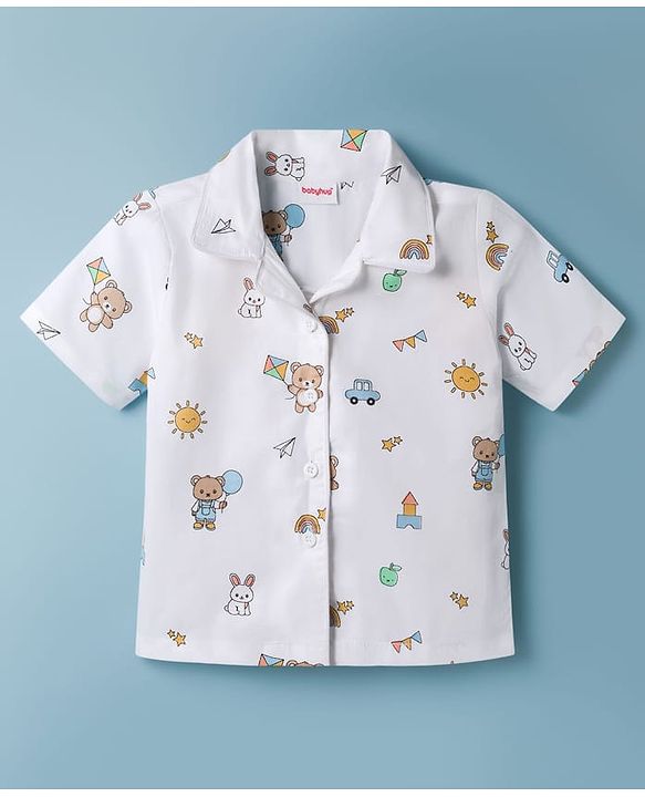 Babyhug Cotton Woven Half Sleeves Front Open Co-ords Shirt & Pajama Night Suit with Tropical Theme Print - White