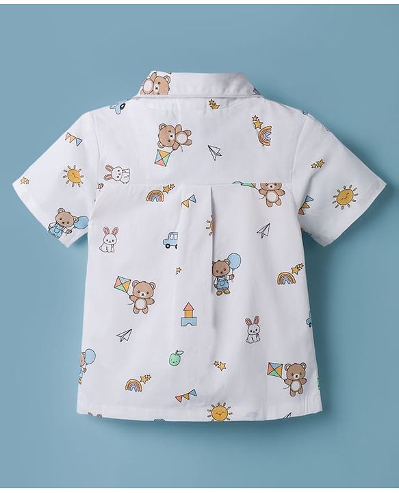 Babyhug Cotton Woven Half Sleeves Front Open Co-ords Shirt & Pajama Night Suit with Tropical Theme Print - White