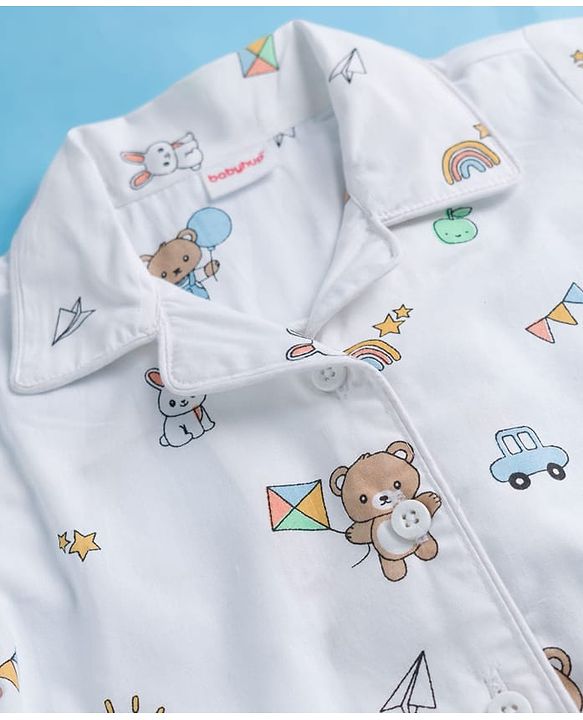 Babyhug Cotton Woven Half Sleeves Front Open Co-ords Shirt & Pajama Night Suit with Tropical Theme Print - White