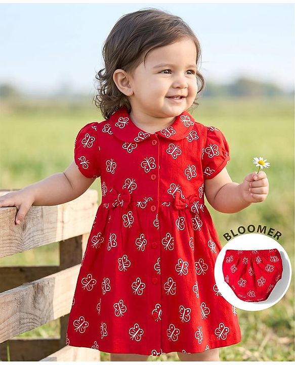 Babyhug Interlock Knit Half Sleeves Peter Pan Collared Butterfly Printed  Frock with Bloomer & Bow Applique - Maroon
