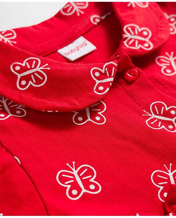 Babyhug Interlock Knit Half Sleeves Peter Pan Collared Butterfly Printed  Frock with Bloomer & Bow Applique - Maroon