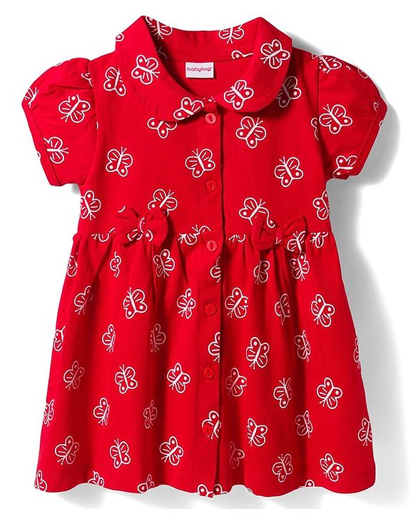 Babyhug Interlock Knit Half Sleeves Peter Pan Collared Butterfly Printed  Frock with Bloomer & Bow Applique - Maroon