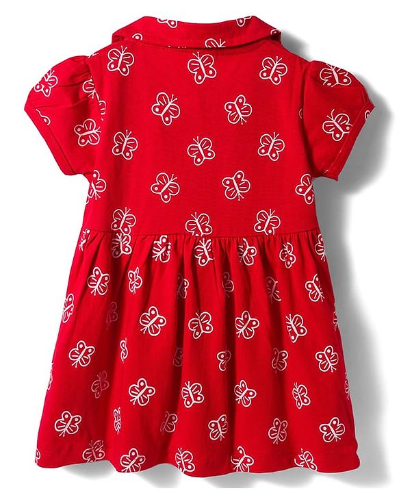 Babyhug Interlock Knit Half Sleeves Peter Pan Collared Butterfly Printed  Frock with Bloomer & Bow Applique - Maroon