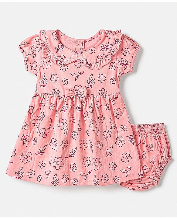 Babyhug 100% Cotton Interlock Knit Frock and Bloomer with Half Sleeves and Floral Print in Pink for New born
