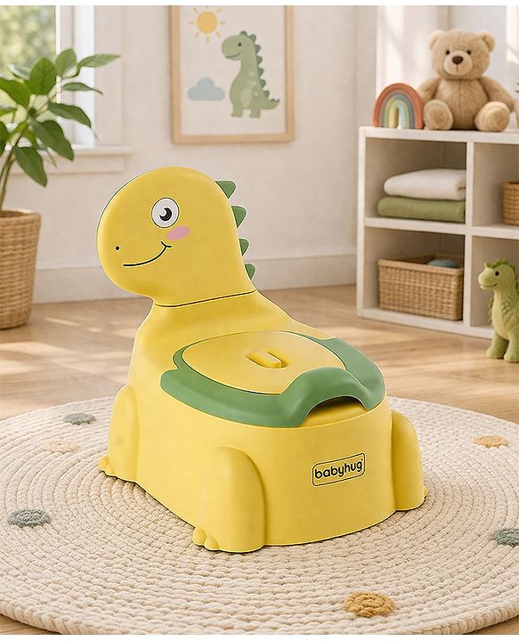 Babyhug Dino Baby Potty Chair - Yellow| Comfortable Seating with Backrest| Non-Slip Base| Easy to Clean Removable Bowl| Splash Guard| Lightweight & Portable | Toddler Potty Training Seat