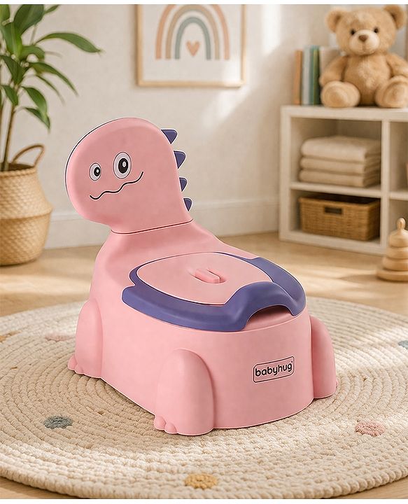 Babyhug Dino Baby Potty Chair - Yellow| Comfortable Seating with Backrest| Non-Slip Base| Easy to Clean Removable Bowl| Splash Guard| Lightweight & Portable | Toddler Potty Training Seat