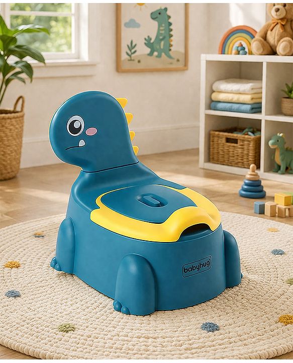 Babyhug Dino Baby Potty Chair - Yellow| Comfortable Seating with Backrest| Non-Slip Base| Easy to Clean Removable Bowl| Splash Guard| Lightweight & Portable | Toddler Potty Training Seat