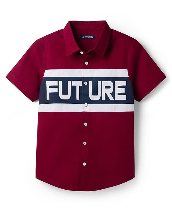 Pine Kids Cotton Woven Half Sleeves Shirt With Future Print - Maroon