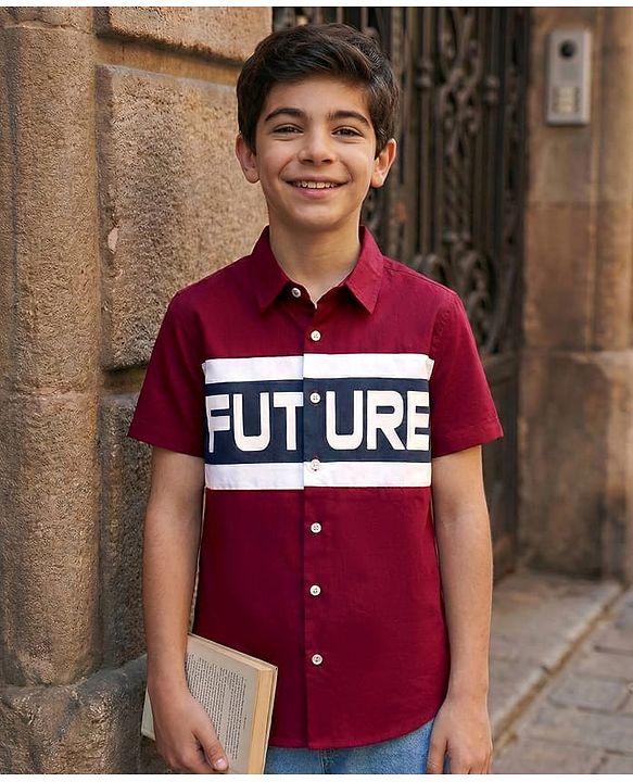 Pine Kids Cotton Woven Half Sleeves Shirt With Future Print - Maroon
